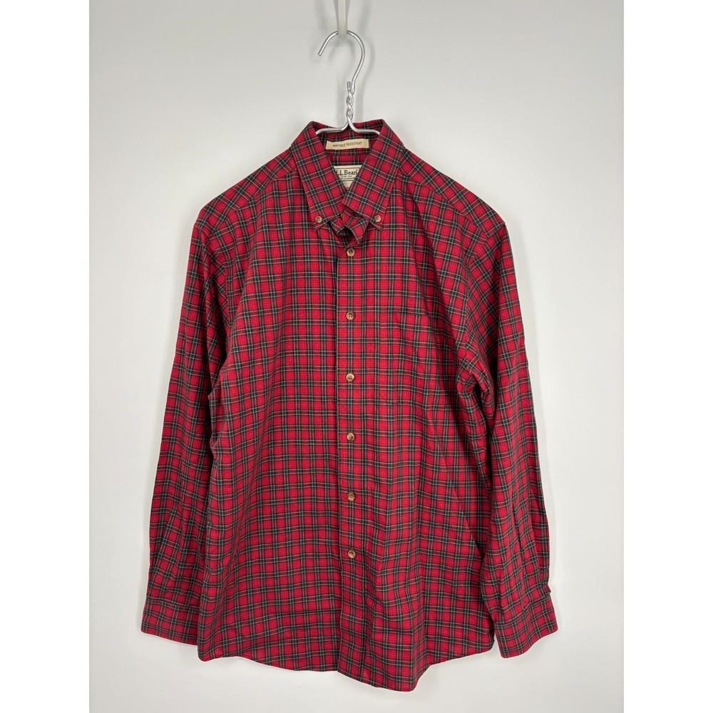 LL Bean Shirt Mens S Red Plaid Button Up Wrinkle Free Kennebunk Sport